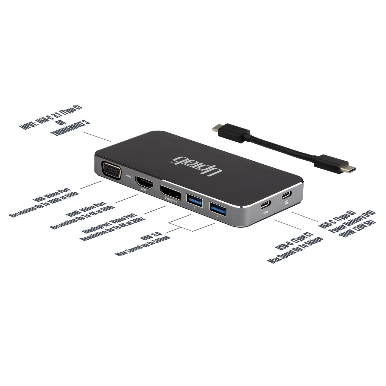 UPTab USB-C to HDMI UltraHD, DisplayPort 4K, VGA, 2x USB 3.0, USB-C 3.2 Port, USB-C for PD Adapter - Front Ports All Ports Description.