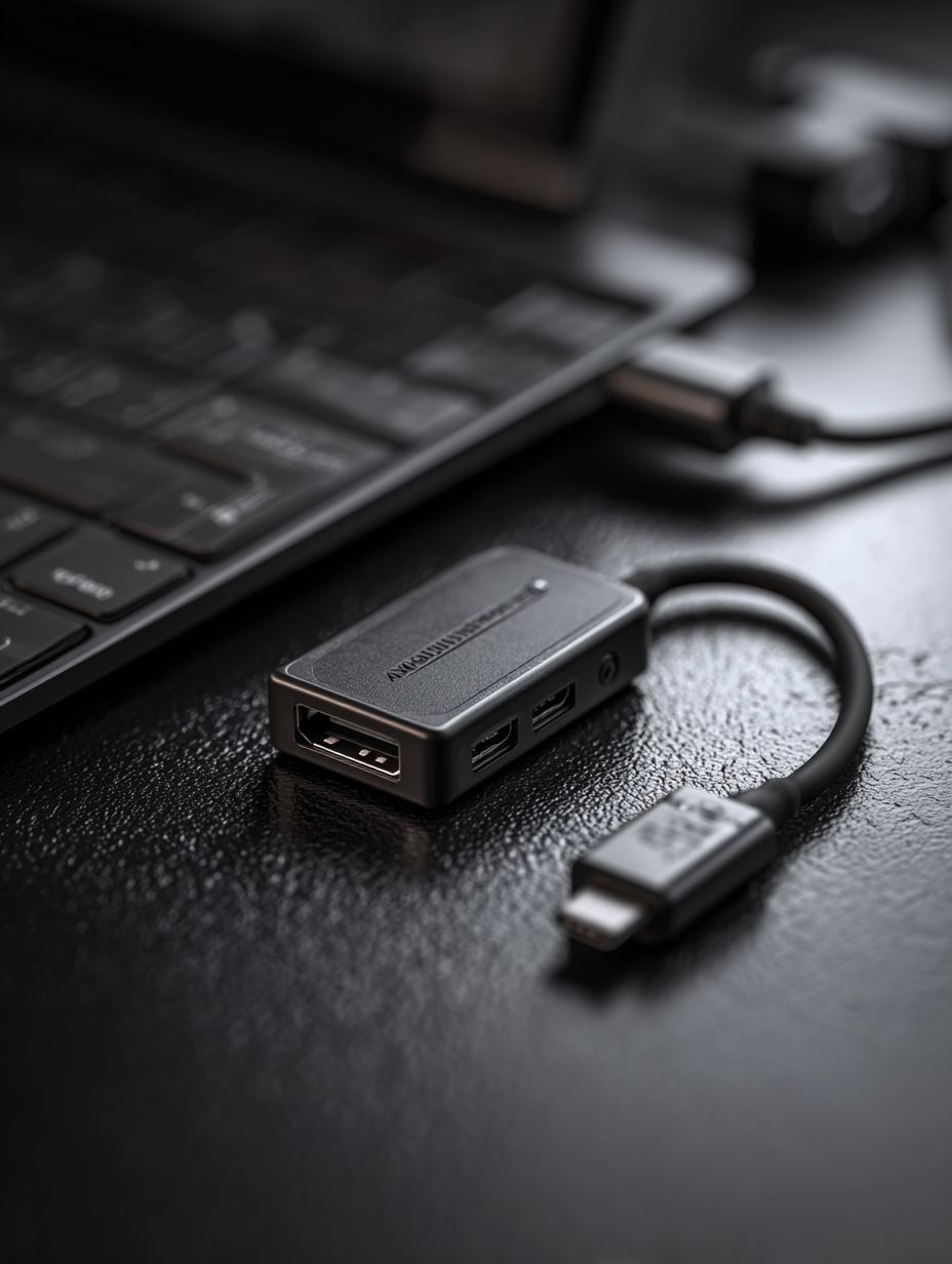 USB adapter on a dark surface with a keyboard in the background