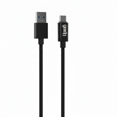 UPTab Black USB cable with one end being USB Type-A and the other end being USB Type-C, on a white background.