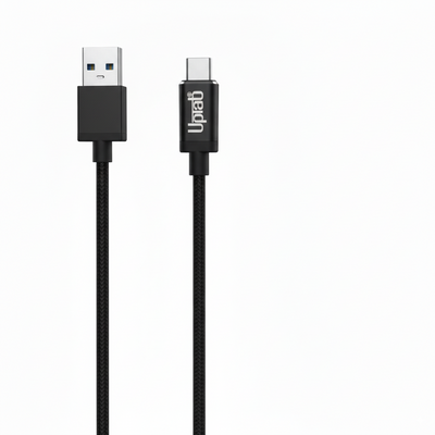 UPTab Black USB cable with one end being a standard USB connector and the other being a micro USB connector, on a white background.